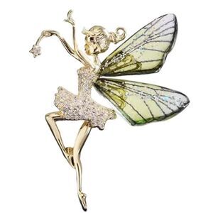 Beautiful Rhinestone & Resin Dancing Ballerina Fairy Rainbow Brooch Pin Green